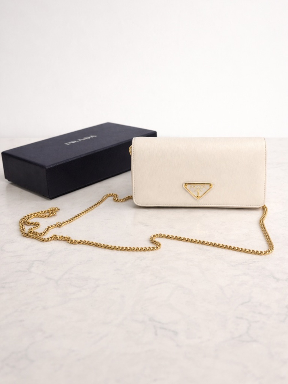 Prada Cream Saffiano Leather Crossbody with Gold Chain